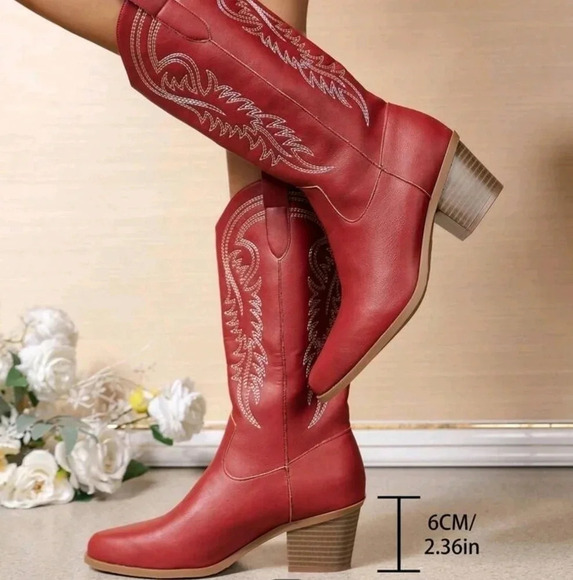 Western Embroidery Detail Chunky Heel Boots, Vintage Knight Boots - Picture 2 of 6